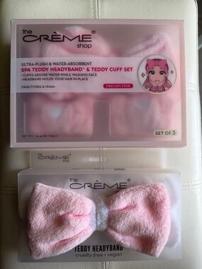 You get it all Crème Shop Pink & White 2 Teddy Headbands plus spa teddy cuff set
